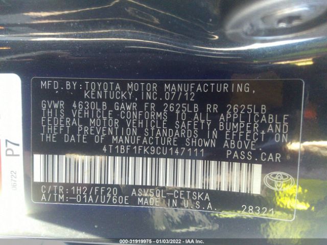 Photo 8 VIN: 4T1BF1FK9CU147111 - TOYOTA CAMRY 