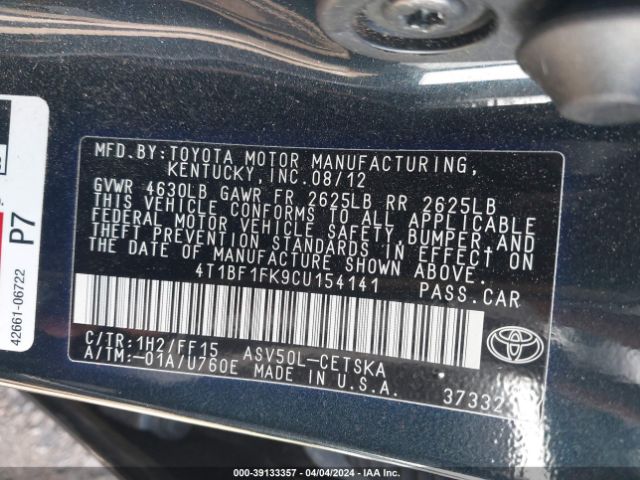 Photo 8 VIN: 4T1BF1FK9CU154141 - TOYOTA CAMRY 