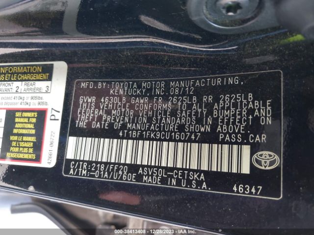 Photo 8 VIN: 4T1BF1FK9CU160747 - TOYOTA CAMRY 