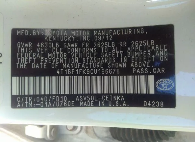 Photo 8 VIN: 4T1BF1FK9CU166676 - TOYOTA CAMRY 