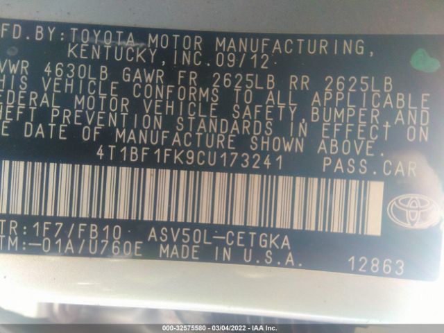 Photo 8 VIN: 4T1BF1FK9CU173241 - TOYOTA CAMRY 