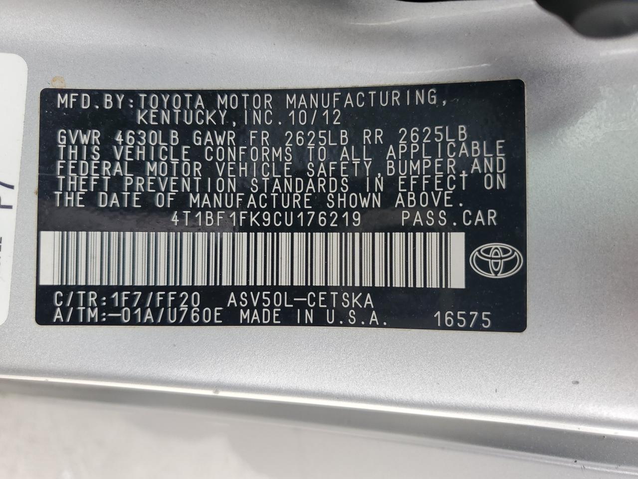 Photo 11 VIN: 4T1BF1FK9CU176219 - TOYOTA CAMRY 