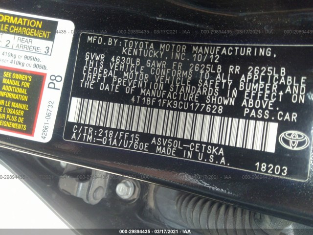 Photo 8 VIN: 4T1BF1FK9CU177628 - TOYOTA CAMRY 