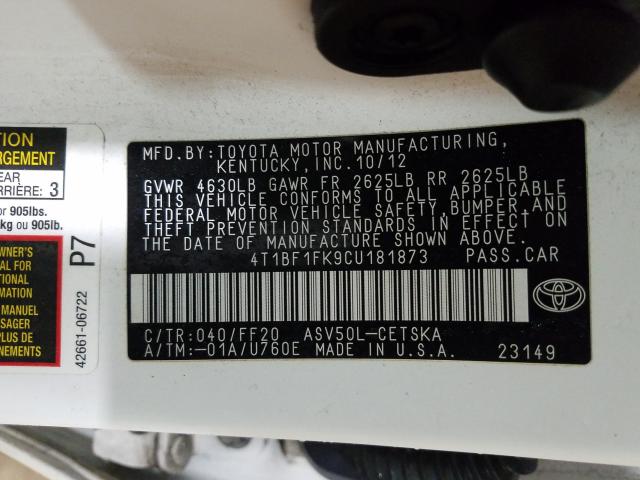 Photo 9 VIN: 4T1BF1FK9CU181873 - TOYOTA CAMRY BASE 