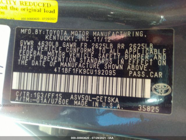 Photo 8 VIN: 4T1BF1FK9CU192095 - TOYOTA CAMRY 