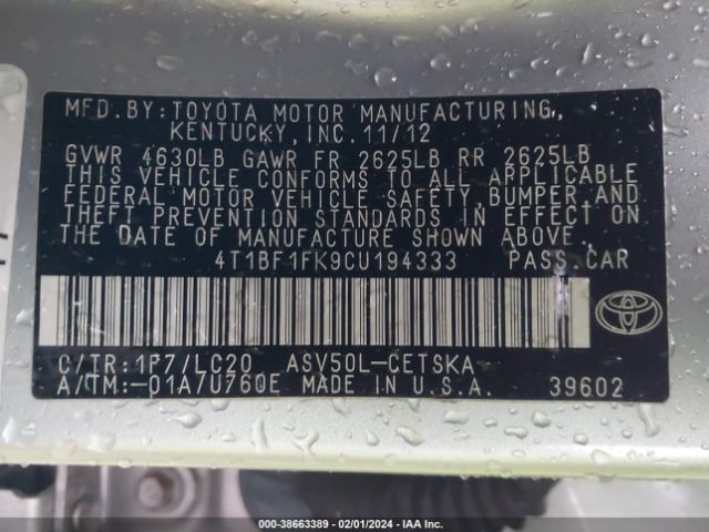 Photo 8 VIN: 4T1BF1FK9CU194333 - TOYOTA CAMRY 