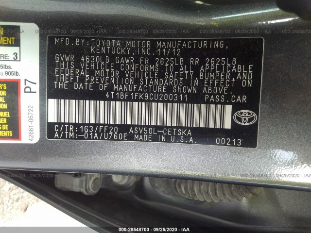 Photo 8 VIN: 4T1BF1FK9CU200311 - TOYOTA CAMRY 