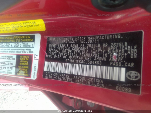 Photo 8 VIN: 4T1BF1FK9CU504853 - TOYOTA CAMRY 