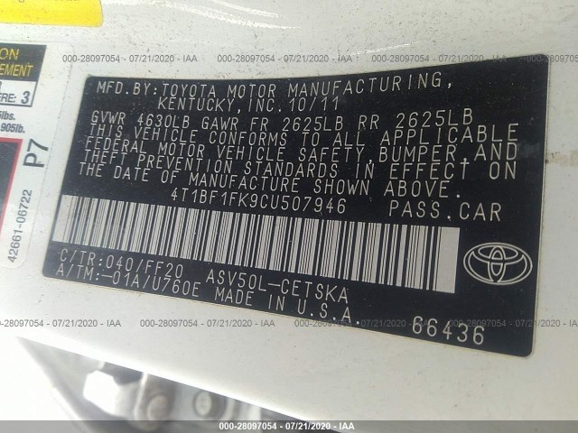 Photo 8 VIN: 4T1BF1FK9CU507946 - TOYOTA CAMRY 