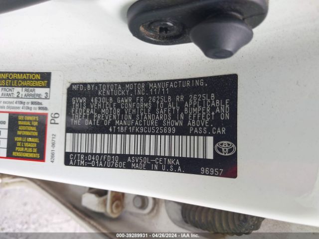 Photo 8 VIN: 4T1BF1FK9CU525699 - TOYOTA CAMRY 