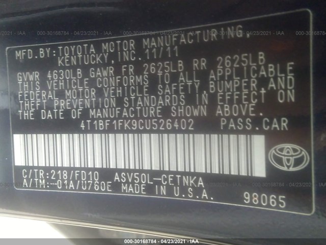 Photo 8 VIN: 4T1BF1FK9CU526402 - TOYOTA CAMRY 