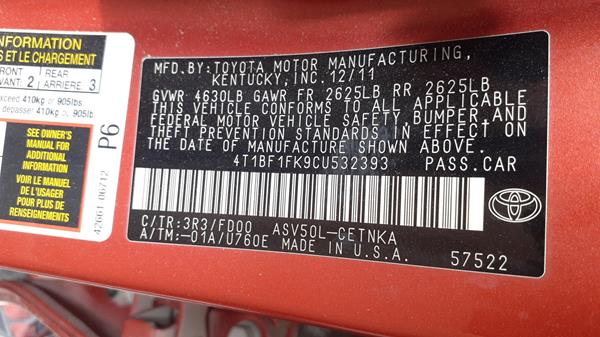 Photo 2 VIN: 4T1BF1FK9CU532393 - TOYOTA CAMRY 