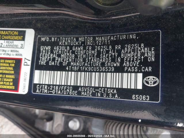 Photo 8 VIN: 4T1BF1FK9CU536539 - TOYOTA CAMRY 