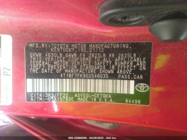 Photo 8 VIN: 4T1BF1FK9CU546035 - TOYOTA CAMRY 