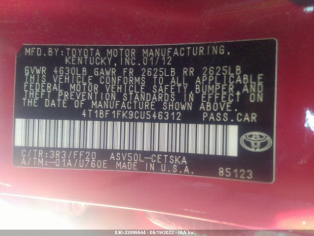 Photo 8 VIN: 4T1BF1FK9CU546312 - TOYOTA CAMRY 