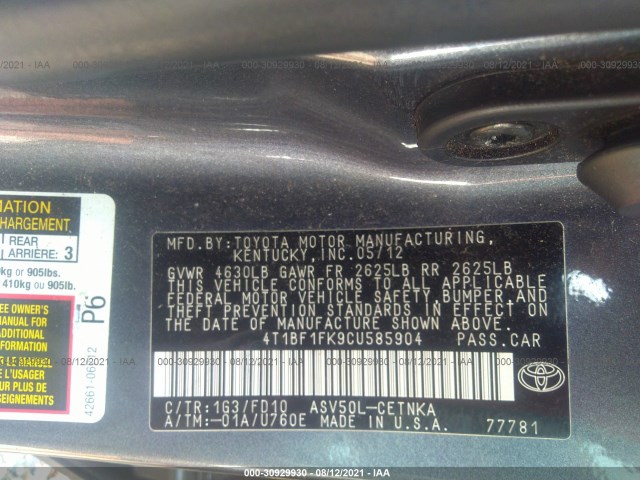 Photo 8 VIN: 4T1BF1FK9CU585904 - TOYOTA CAMRY 