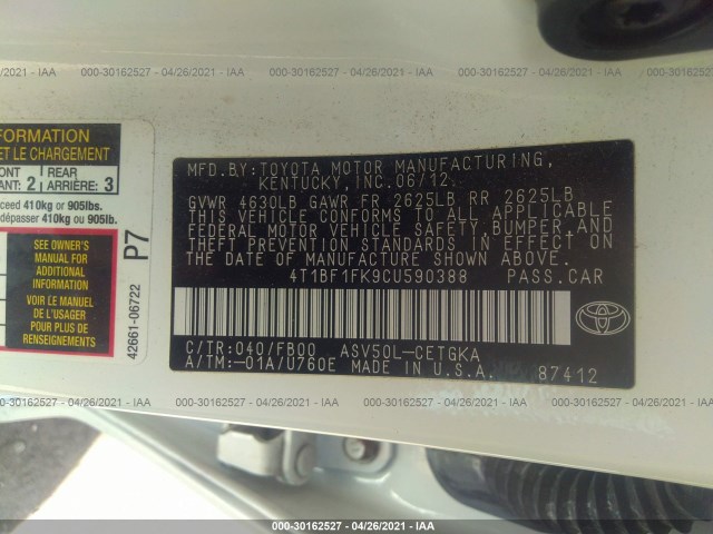 Photo 8 VIN: 4T1BF1FK9CU590388 - TOYOTA CAMRY 