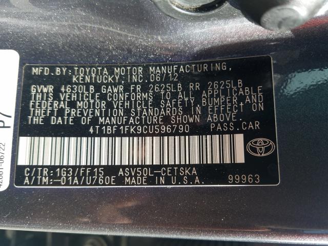 Photo 9 VIN: 4T1BF1FK9CU596790 - TOYOTA CAMRY BASE 