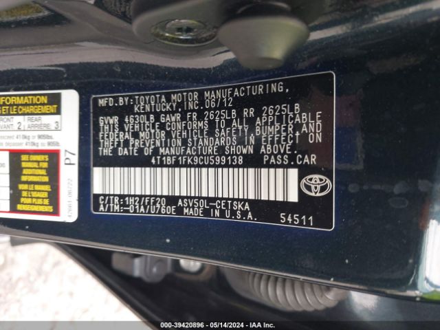 Photo 8 VIN: 4T1BF1FK9CU599138 - TOYOTA CAMRY 