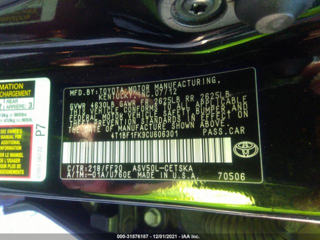 Photo 8 VIN: 4T1BF1FK9CU606301 - TOYOTA CAMRY 