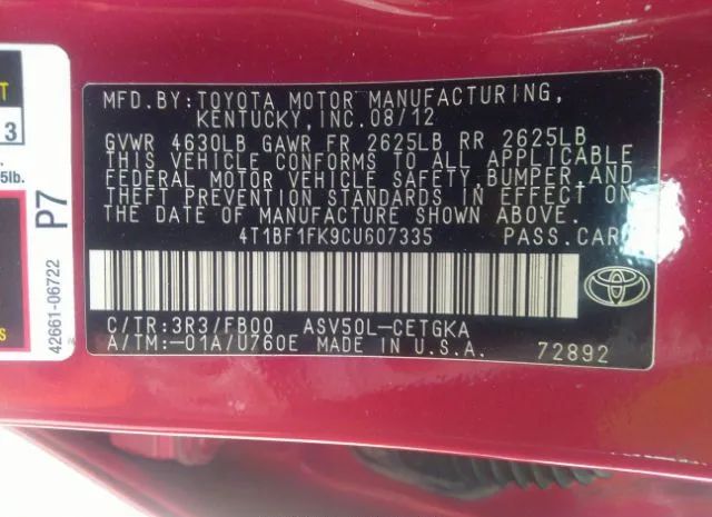 Photo 8 VIN: 4T1BF1FK9CU607335 - TOYOTA CAMRY 