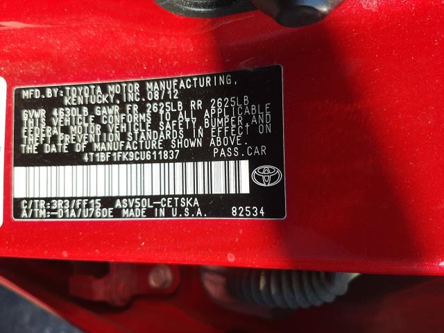 Photo 9 VIN: 4T1BF1FK9CU611837 - TOYOTA CAMRY BASE 