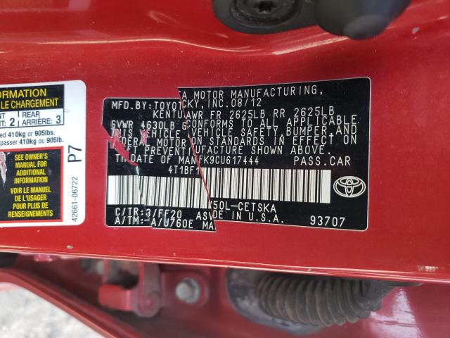 Photo 9 VIN: 4T1BF1FK9CU617444 - TOYOTA CAMRY BASE 