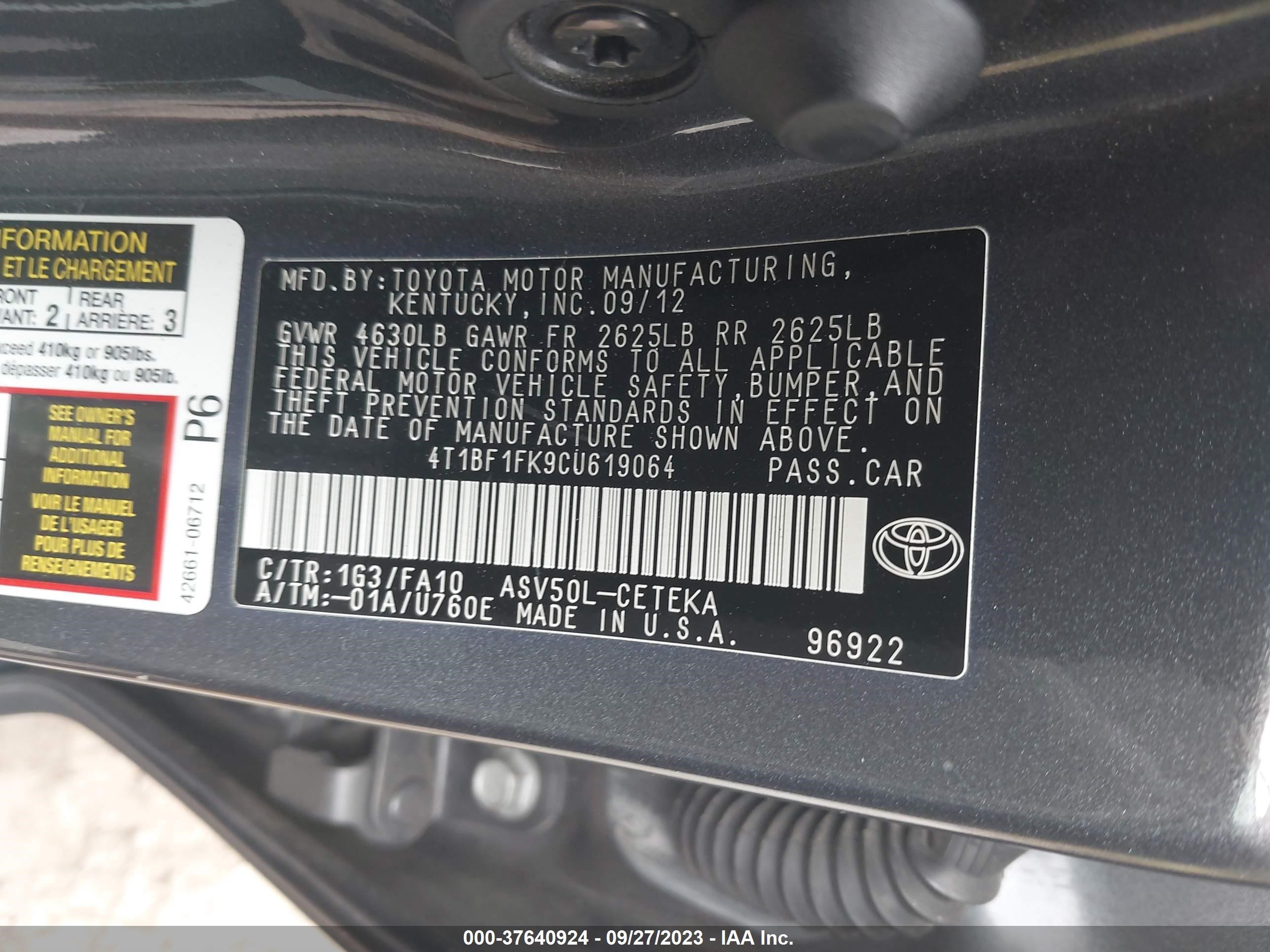 Photo 8 VIN: 4T1BF1FK9CU619064 - TOYOTA CAMRY 