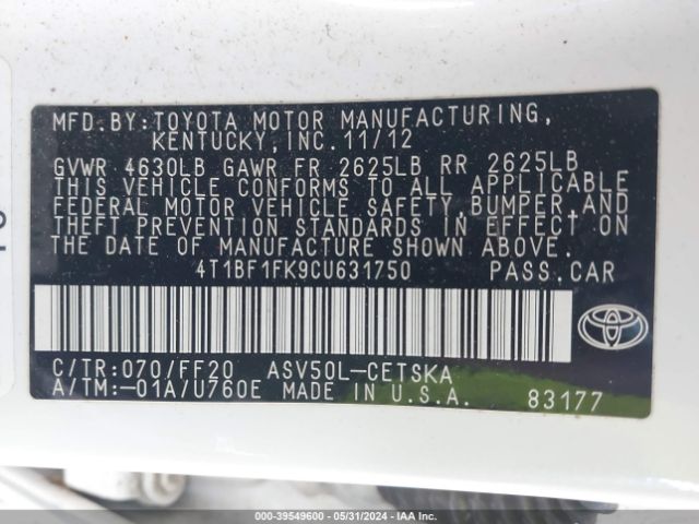 Photo 8 VIN: 4T1BF1FK9CU631750 - TOYOTA CAMRY 