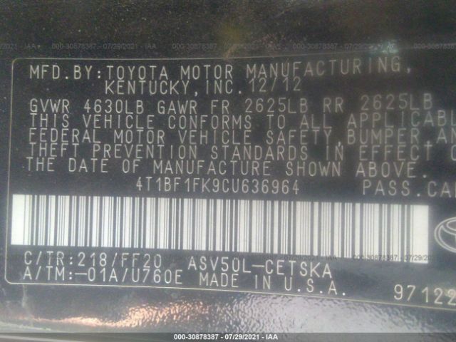 Photo 8 VIN: 4T1BF1FK9CU636964 - TOYOTA CAMRY 