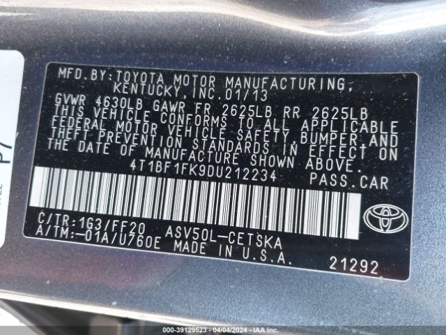 Photo 8 VIN: 4T1BF1FK9DU212234 - TOYOTA CAMRY 