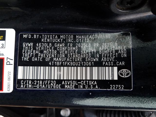 Photo 9 VIN: 4T1BF1FK9DU213061 - TOYOTA CAMRY L 