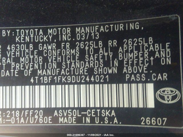 Photo 8 VIN: 4T1BF1FK9DU244021 - TOYOTA CAMRY 