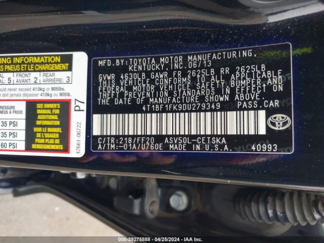 Photo 8 VIN: 4T1BF1FK9DU279349 - TOYOTA CAMRY 