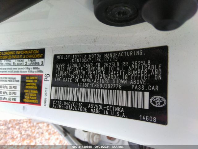 Photo 8 VIN: 4T1BF1FK9DU292778 - TOYOTA CAMRY 