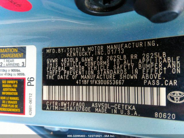 Photo 8 VIN: 4T1BF1FK9DU653667 - TOYOTA CAMRY 