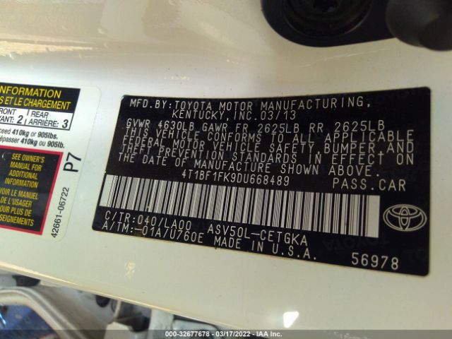 Photo 8 VIN: 4T1BF1FK9DU668489 - TOYOTA CAMRY 