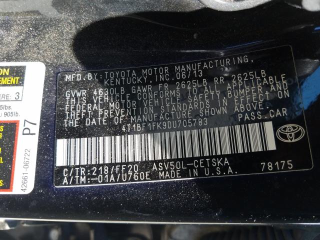 Photo 9 VIN: 4T1BF1FK9DU705783 - TOYOTA CAMRY L 