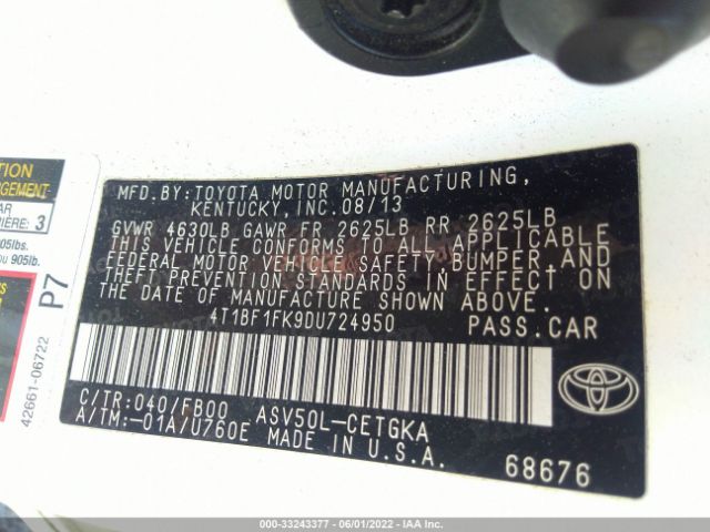 Photo 8 VIN: 4T1BF1FK9DU724950 - TOYOTA CAMRY 