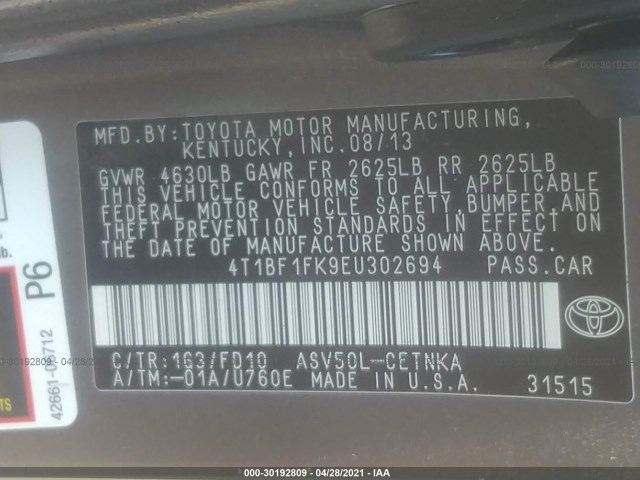 Photo 8 VIN: 4T1BF1FK9EU302694 - TOYOTA CAMRY 