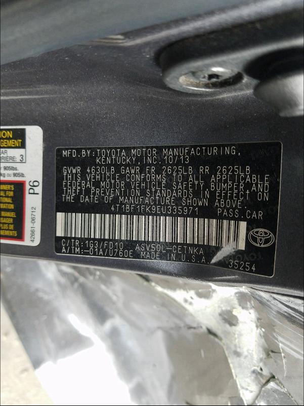 Photo 9 VIN: 4T1BF1FK9EU335971 - TOYOTA CAMRY L 