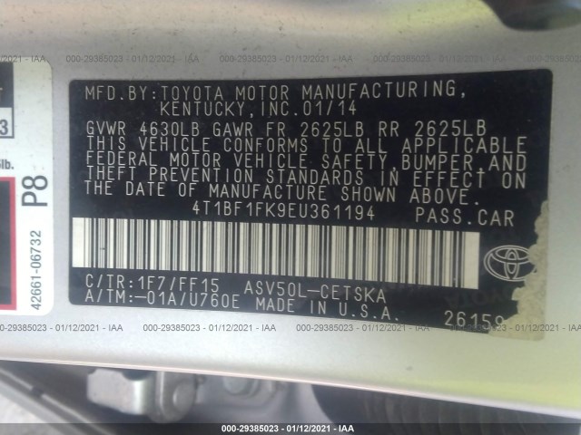 Photo 8 VIN: 4T1BF1FK9EU361194 - TOYOTA CAMRY 