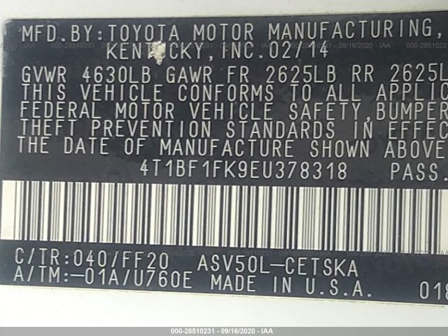 Photo 8 VIN: 4T1BF1FK9EU378318 - TOYOTA CAMRY 