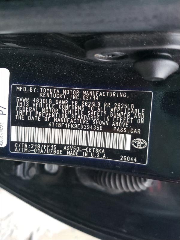 Photo 9 VIN: 4T1BF1FK9EU394356 - TOYOTA CAMRY L 