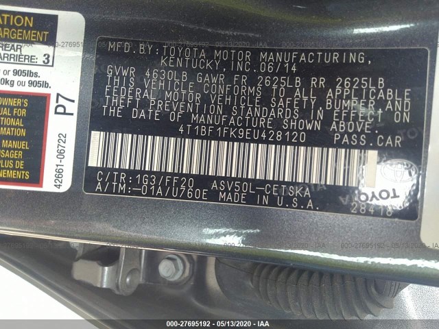 Photo 8 VIN: 4T1BF1FK9EU428120 - TOYOTA CAMRY 