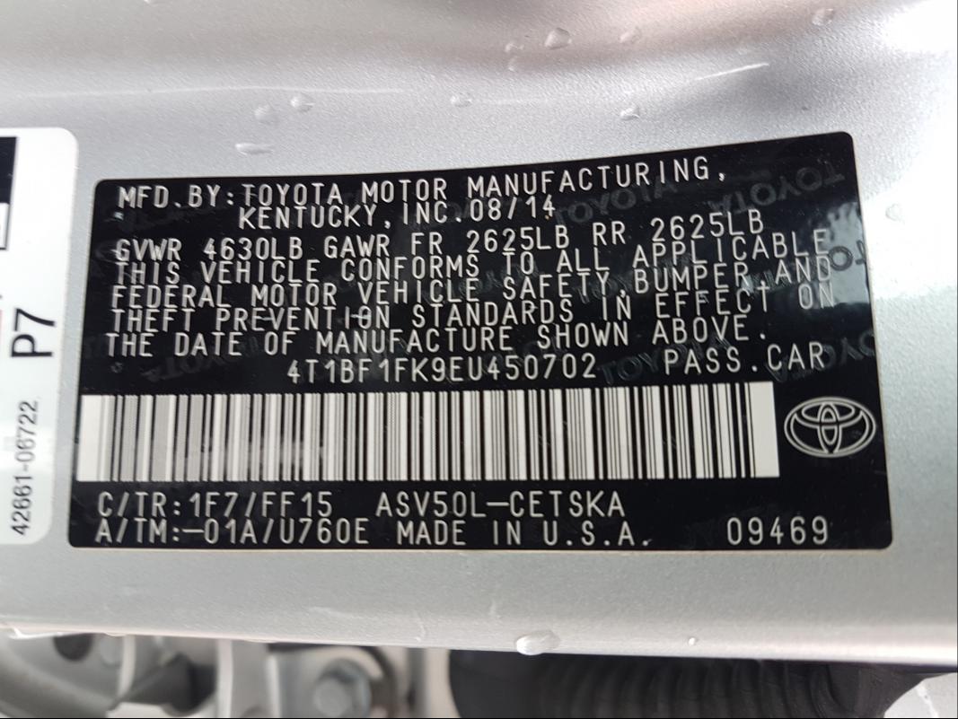 Photo 9 VIN: 4T1BF1FK9EU450702 - TOYOTA CAMRY L 