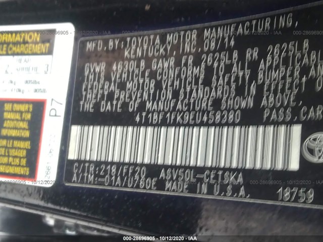 Photo 8 VIN: 4T1BF1FK9EU458380 - TOYOTA CAMRY 