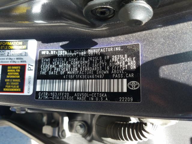 Photo 9 VIN: 4T1BF1FK9EU461487 - TOYOTA CAMRY L 