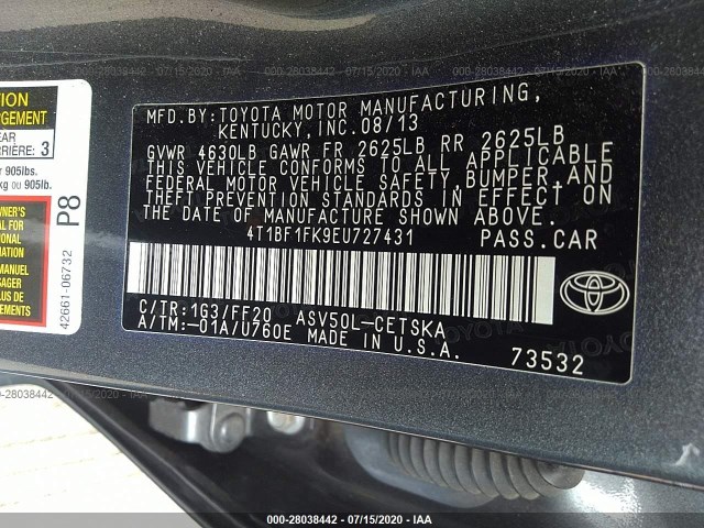 Photo 8 VIN: 4T1BF1FK9EU727431 - TOYOTA CAMRY 