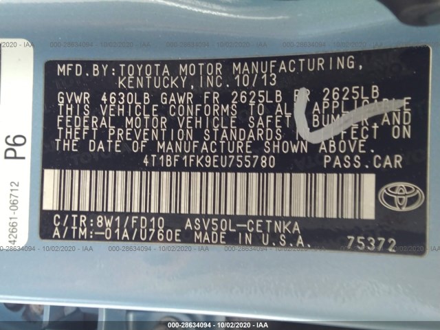 Photo 8 VIN: 4T1BF1FK9EU755780 - TOYOTA CAMRY 